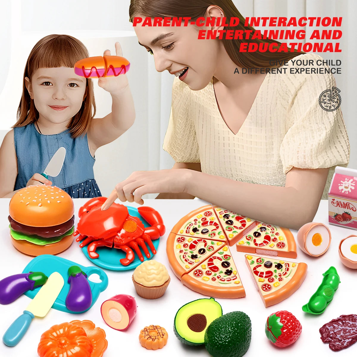 A parent is interacting with a child using an 81-piece pretend play food cutting set for educational entertainment.