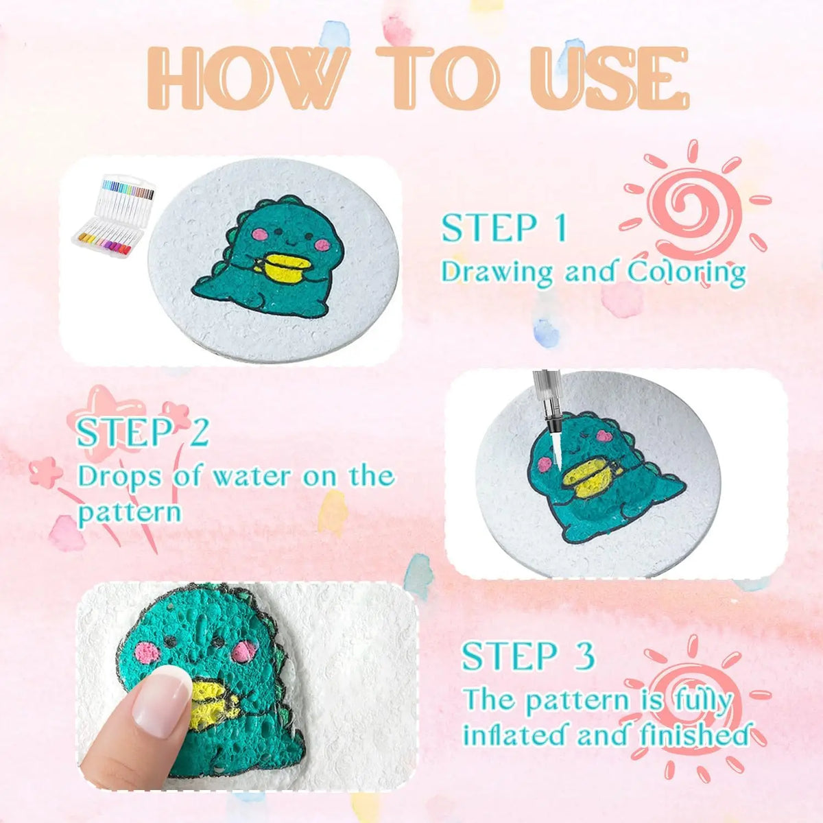 Instructions showing how to use 3D puffy foam painting paper for kids by drawing, adding water drops, and inflating the patte