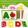 A set of wooden alphabet letter blocks and matching cards for cognitive matching and assembly.