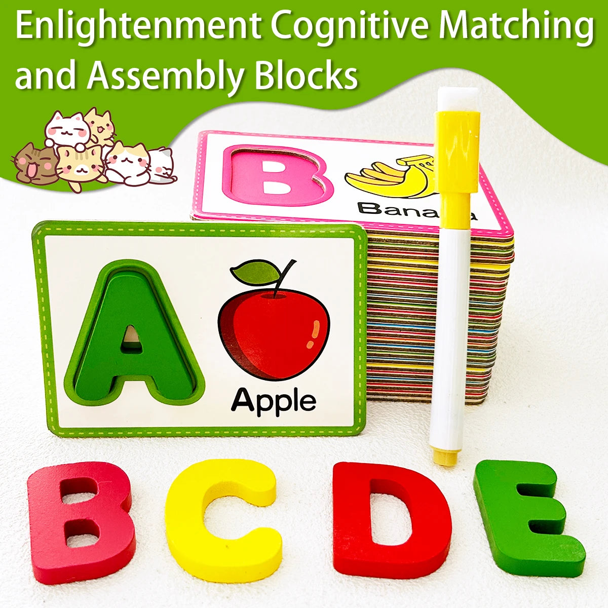 A set of wooden alphabet letter blocks and matching cards for cognitive matching and assembly.