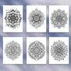 A set of five intricate black and white mandala line art designs for coloring books.