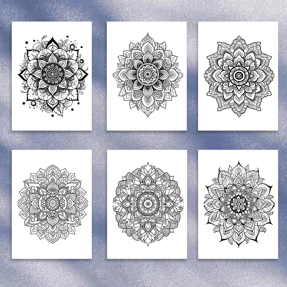 A set of five intricate black and white mandala line art designs for coloring books.