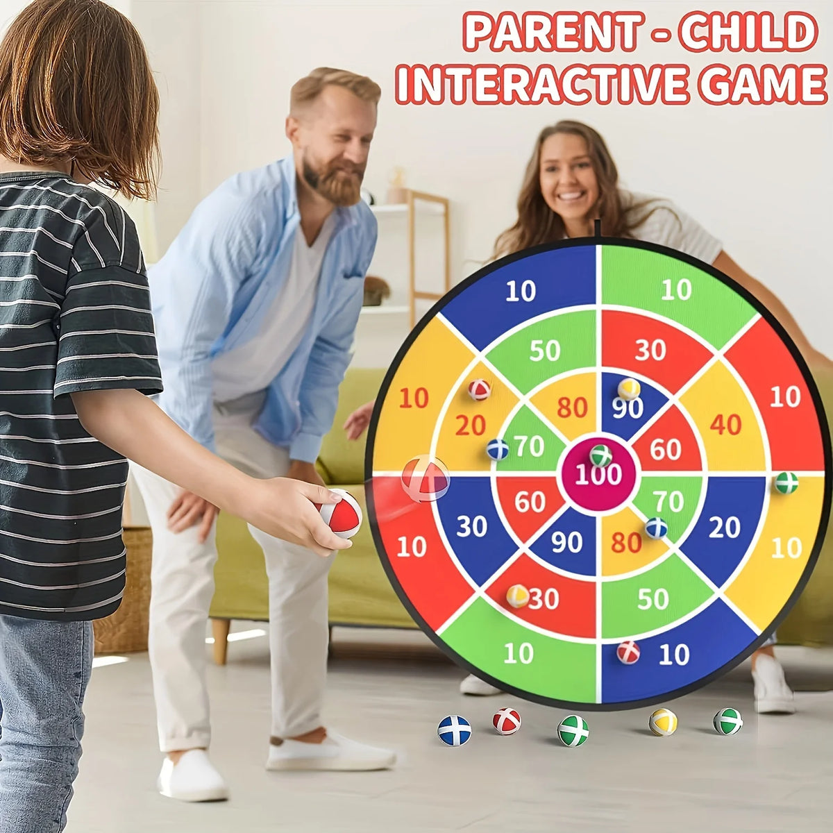 A family playing a Parent-Child Interactive Game featuring a colorful dartboard with sticky balls.