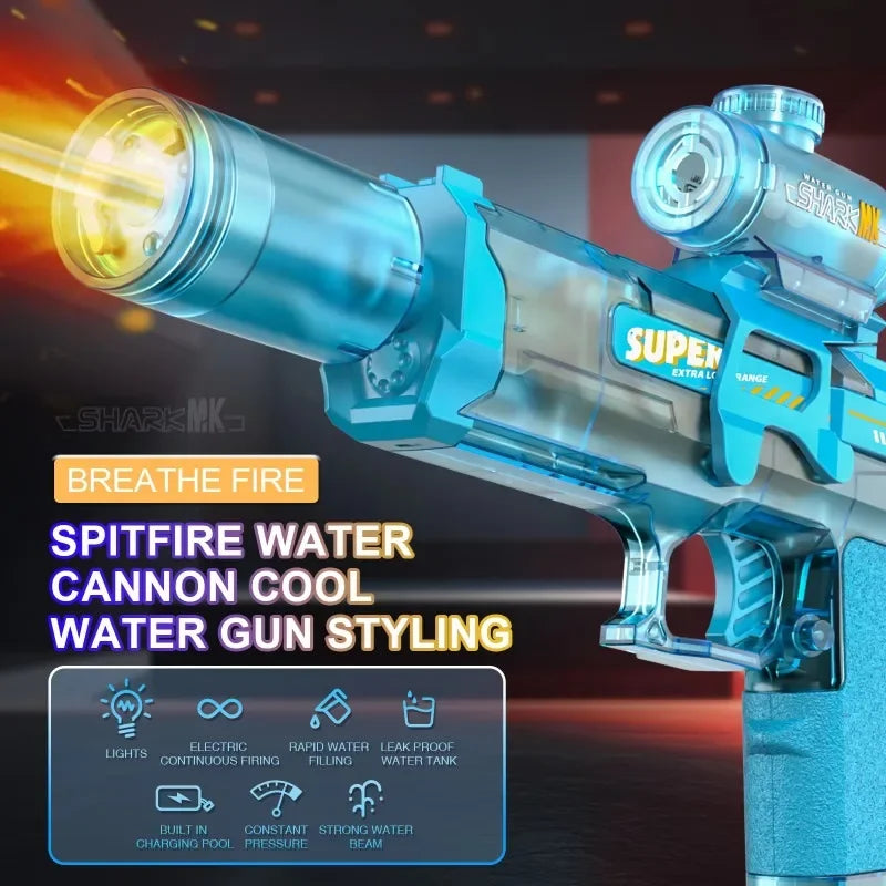Blue water gun styled blaster with lights and a tank, featuring a Spitfire water cannon design.
