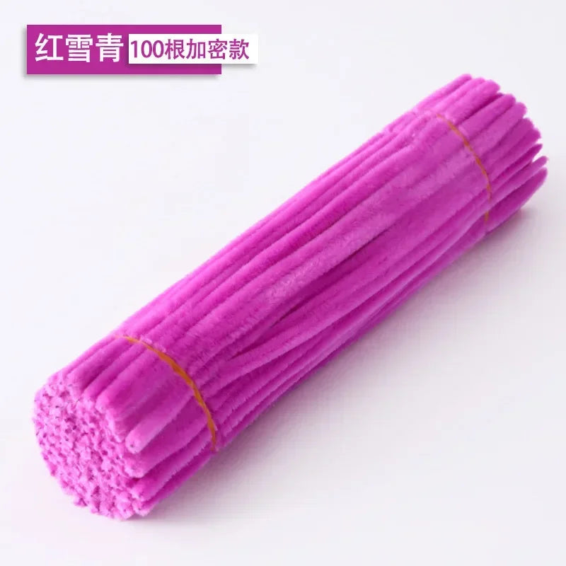 A bundle of bright purple chenille stems used for crafting.