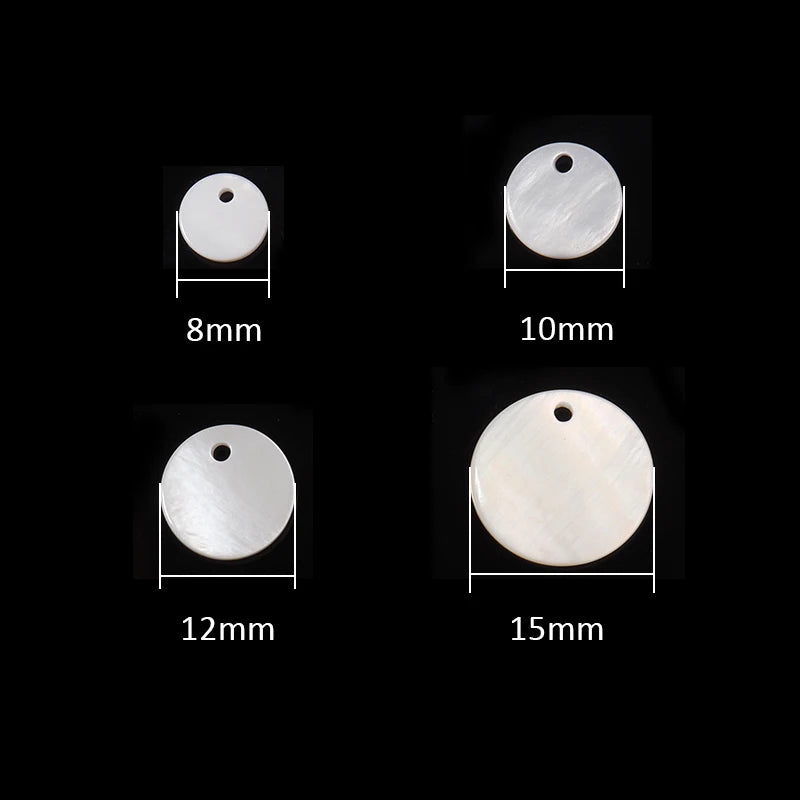 A set of natural white shell beads in round rondelle shapes with diameters of 8mm, 10mm, 12mm, and 15mm.