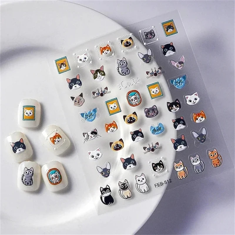 A sheet of 5D bronzing gothic nail art stickers featuring various cute cat faces and designs.