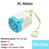 An XL-Motor with a white and blue casing, wires, and specifications listed on the packaging.