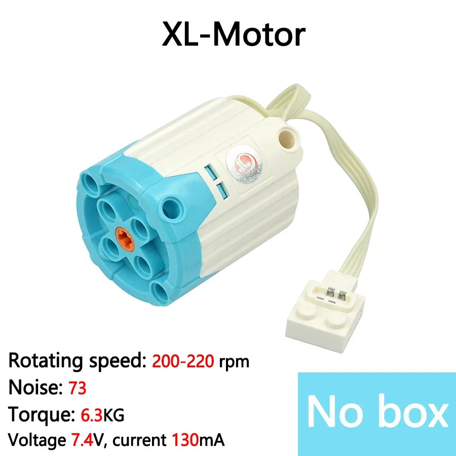 An XL-Motor with a white and blue casing, wires, and specifications listed on the packaging.