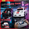 A white drift racing RC car and a remote control with an HD camera are displayed on a dark surface.