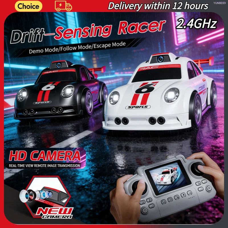 A white drift racing RC car and a remote control with an HD camera are displayed on a dark surface.