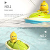 A yellow duck toy is shown spraying water from a boat for hand washing and face washing.
