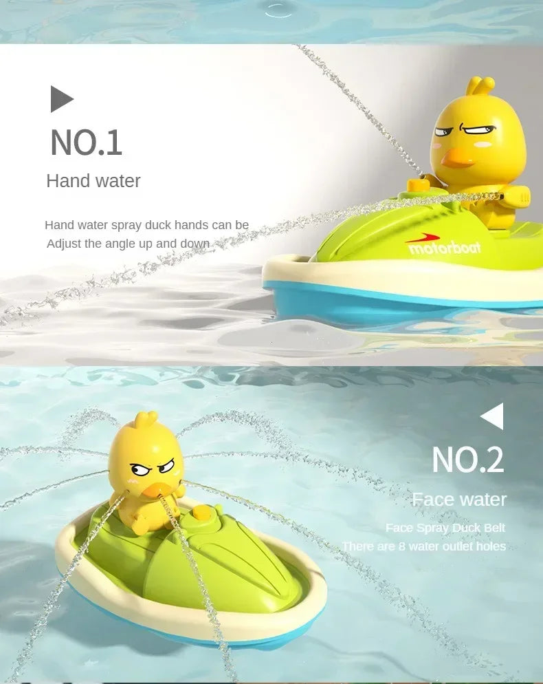 A yellow duck toy is shown spraying water from a boat for hand washing and face washing.