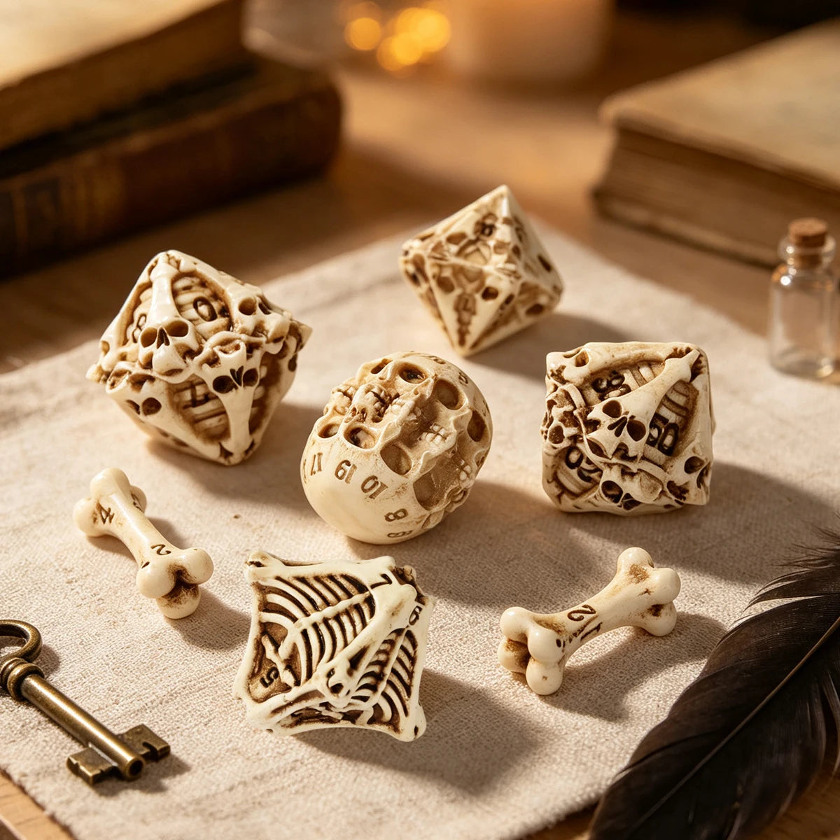 A set of bone skull carved polyhedral dice resting on a linen cloth next to an antique key and feather.