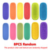 Eight silicone fidget strips in various colors and textures are displayed side by side.