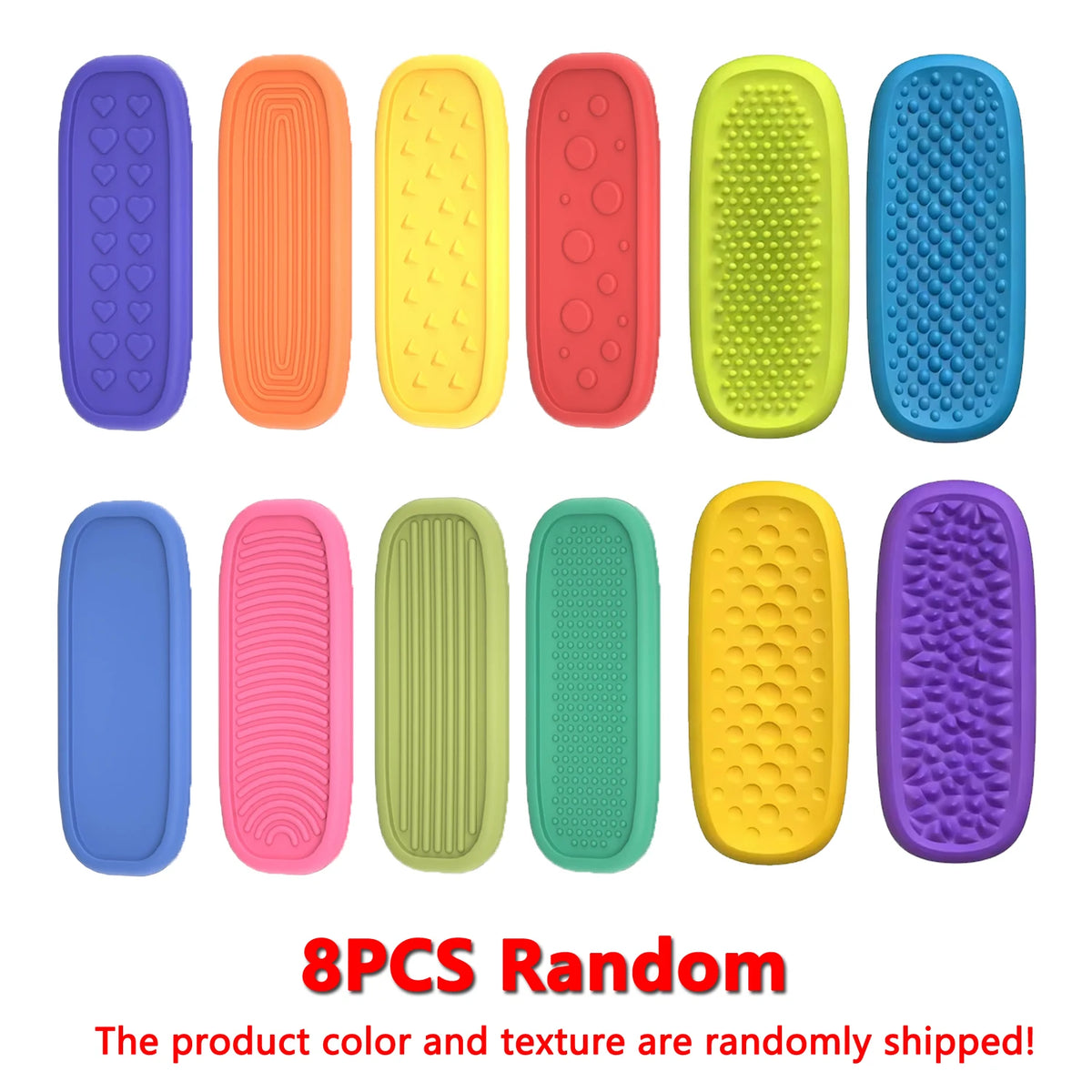 Eight silicone fidget strips in various colors and textures are displayed side by side.