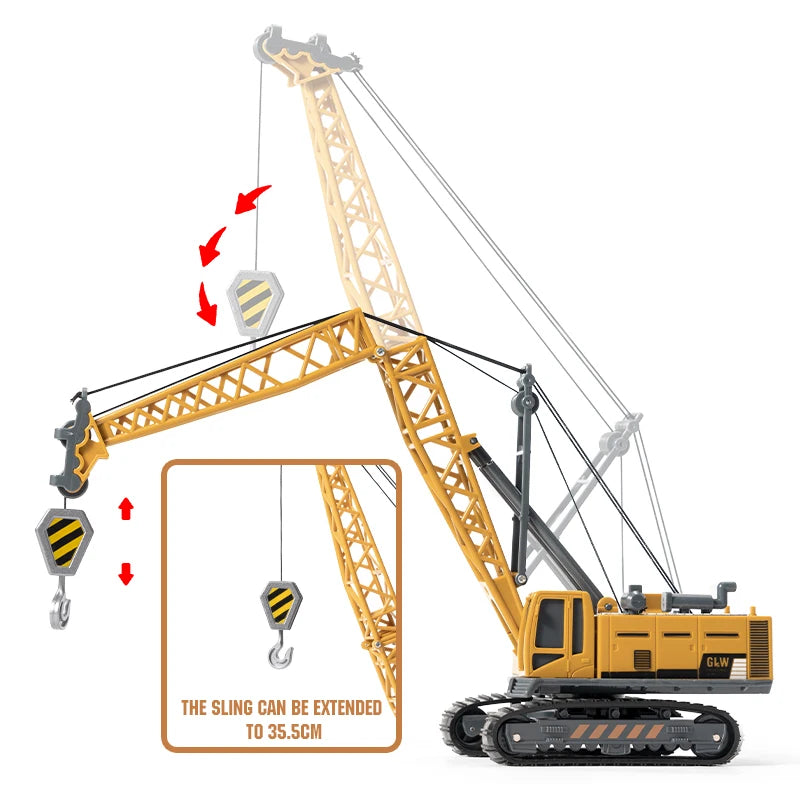 A yellow hydraulic crane is shown with a sling, demonstrating the extension capability of the sling to 35.5cm.