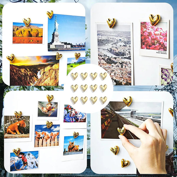 A collection of decorative heart fridge magnets featuring scenic landscapes and floral designs.