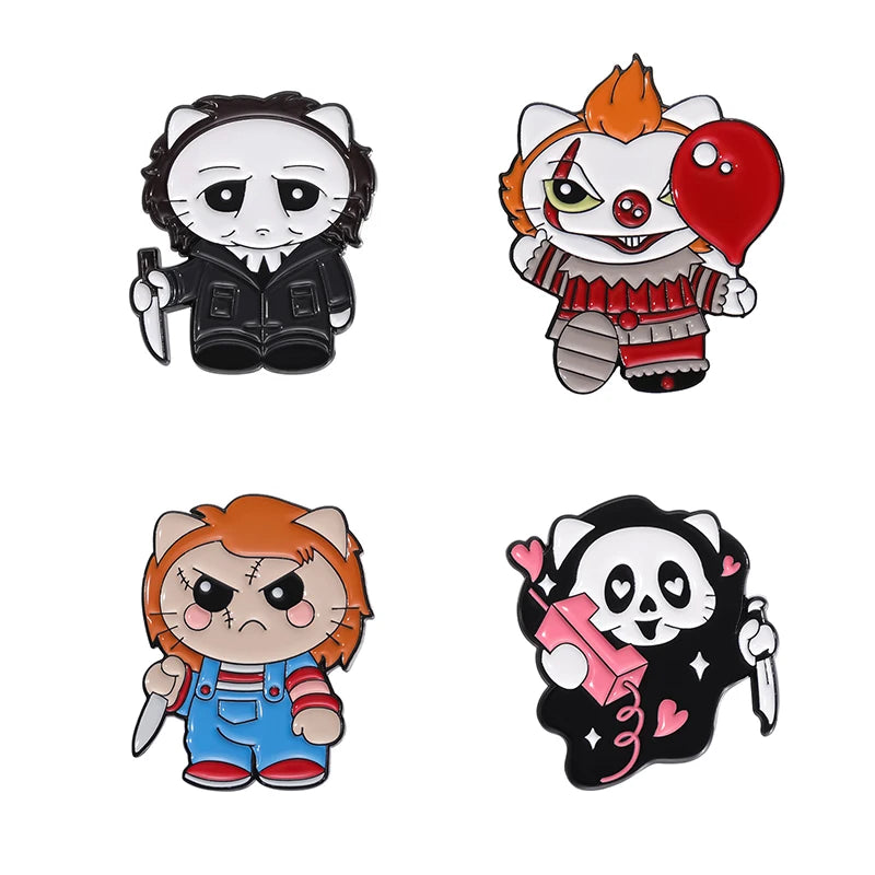 Set of four enamel pins featuring stylized black cat characters in various poses and expressions