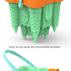 A set of orange and teal plastic castle sand play accessories including a bucket and scoop.
