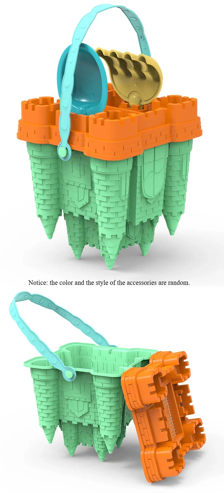 A set of orange and teal plastic castle sand play accessories including a bucket and scoop.