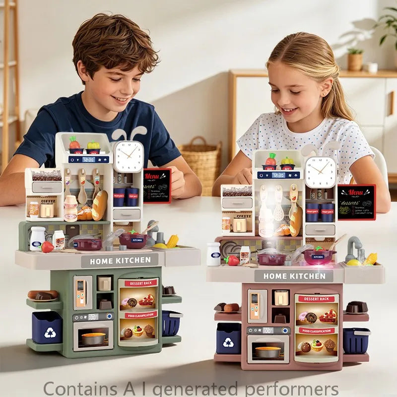 A children's pretend kitchen play set with multiple modular components and food items on a table.