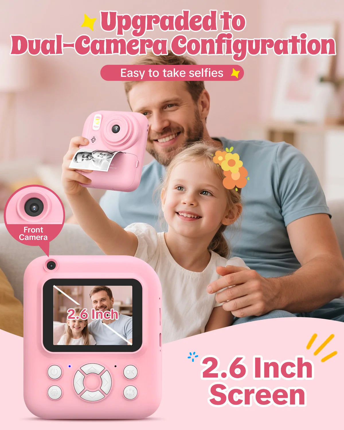 A man and a girl are using a pink instant camera with a dual-camera configuration to take selfies.