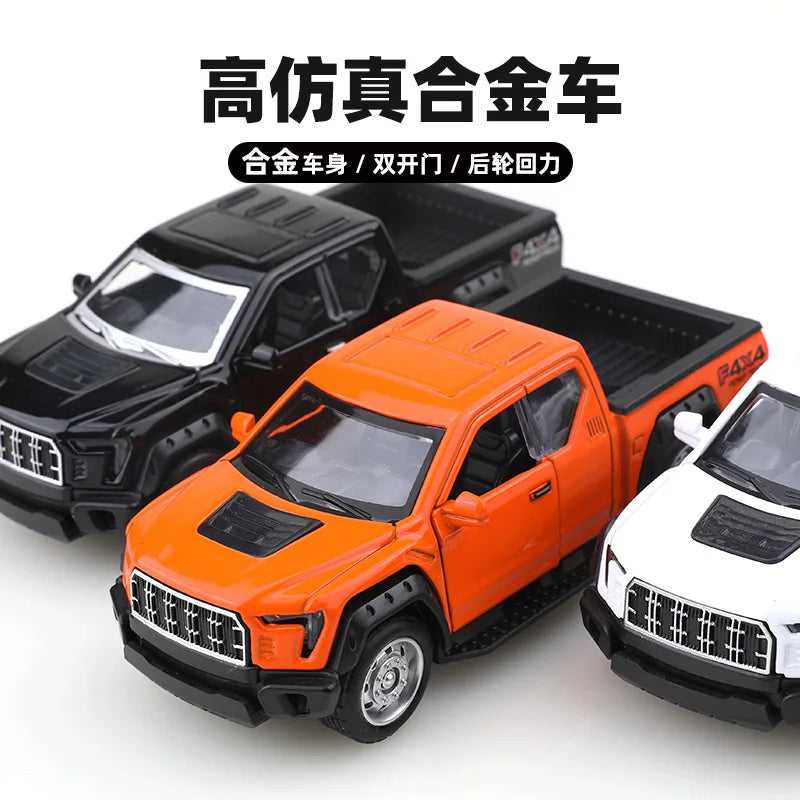 Orange and black 1/36 scale die-cast metal F150 off-road pickup truck with a visible pullback action.