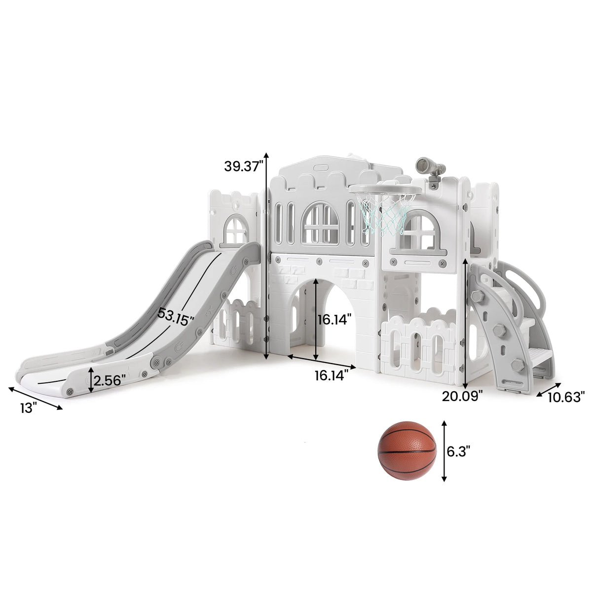 A white toddler slide and playground playset featuring an archway and climbing elements.