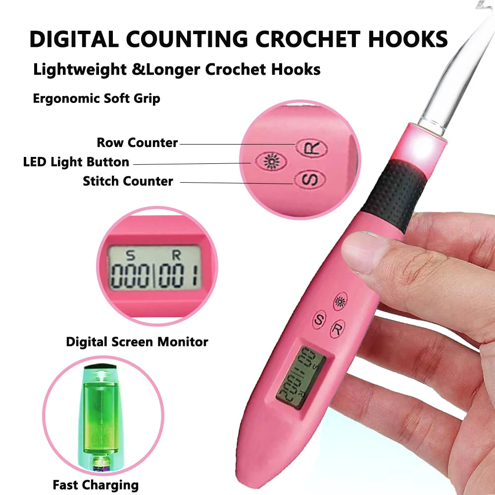 Ergonomic Crochet Hook Set with LED Light and Digital Row Counter