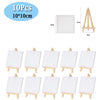 A set of ten mini wooden easels with white canvases, measuring 10 by 15 cm.
