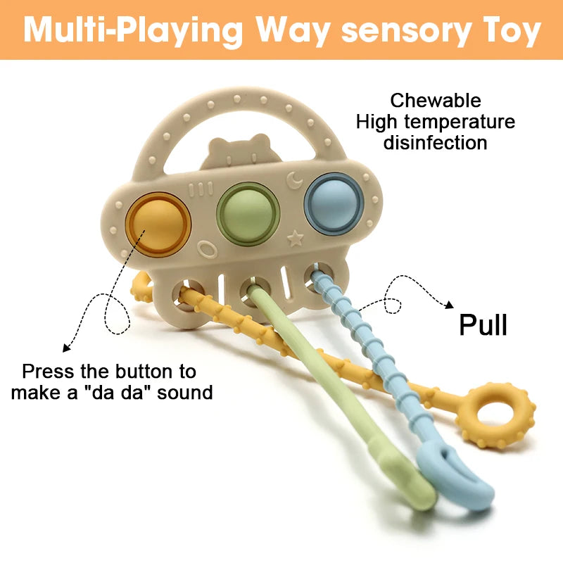 Bear Silicone Teether with Textured Pull String for Babies