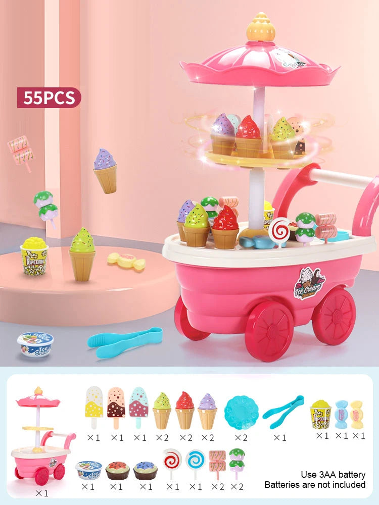 A pink ice cream truck pretend play set with various ice cream treats and accessories.