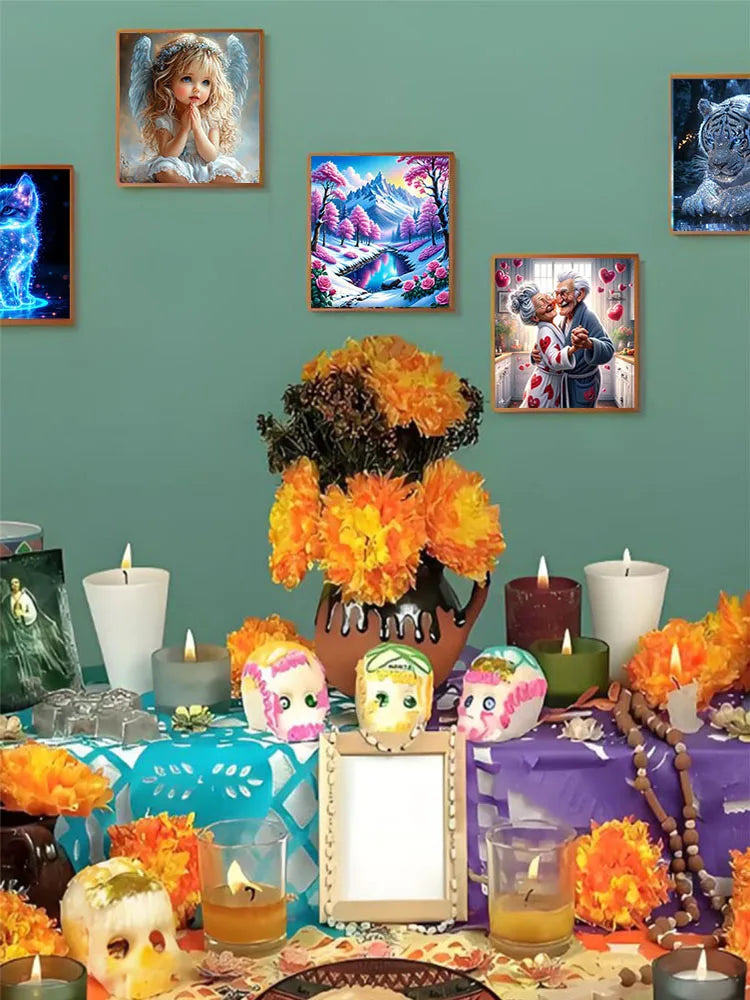A collection of diamond painting kits featuring animals, including a lion, a tiger, and various floral and natural themes.