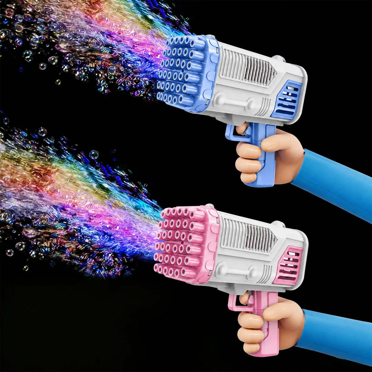 A hand is firing a pink bubble gun that is spraying colorful bubbles against a black background.