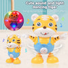 A cute dancing tiger toy with yellow fur, white ears, and bright lights, shown in a playful pose.