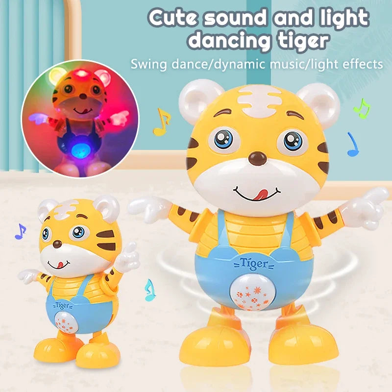 A cute dancing tiger toy with yellow fur, white ears, and bright lights, shown in a playful pose.