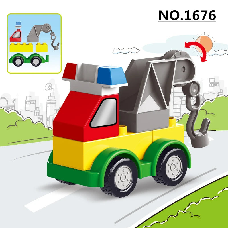 A red and yellow construction vehicle building block set with a crane, moving on a green landscape.