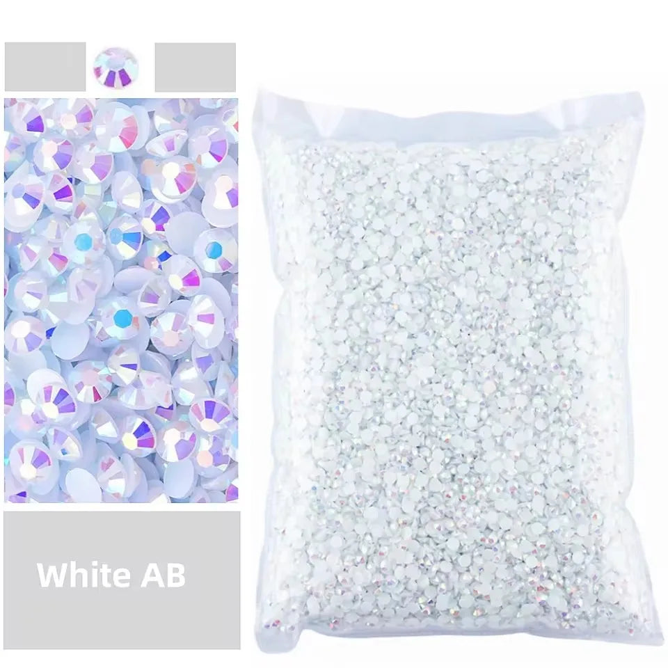White AB resin rhinestones in a clear bag for crafts and DIY projects