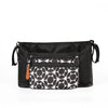 Black large-capacity stroller organizer bag with a front pocket featuring a white geometric pattern.