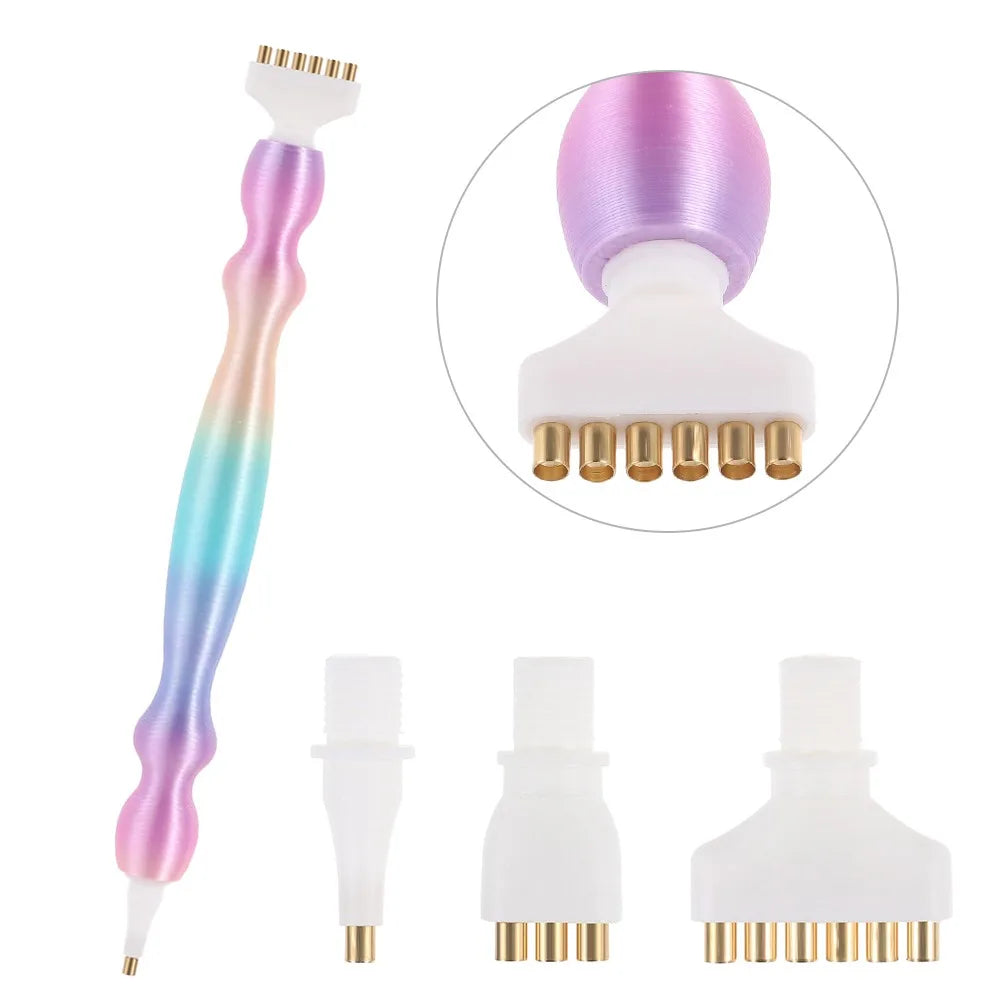 A precision diamond painting pen with replacement tips shown in various forms and colors.