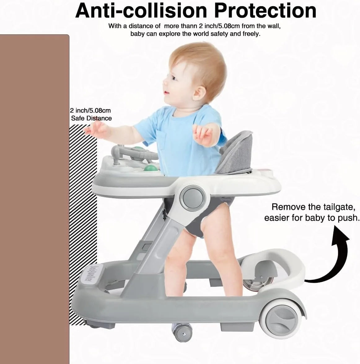 A baby is using a gray toddler activity walker designed for anti-collision protection.