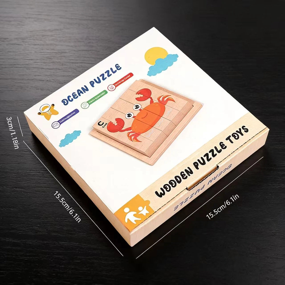 A wooden jigsaw puzzle set featuring a sea creature, displayed on a dark surface.