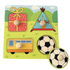 A set of wooden puzzles featuring a gift box, a pyramid, and a train for toddlers.