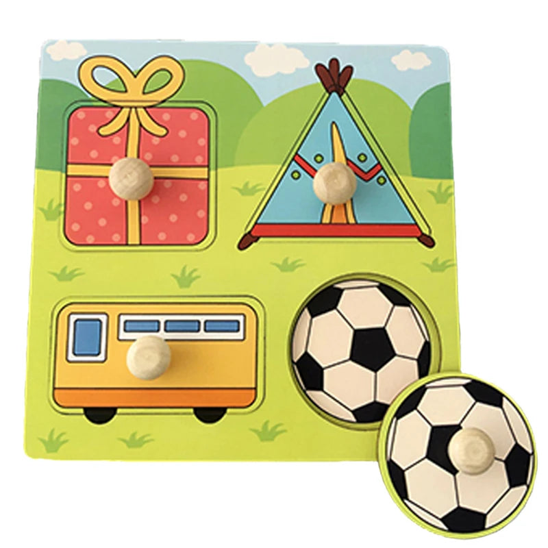 A set of wooden puzzles featuring a gift box, a pyramid, and a train for toddlers.