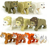 A set of six African wildlife animal building blocks featuring lions, leopards, and white animals.