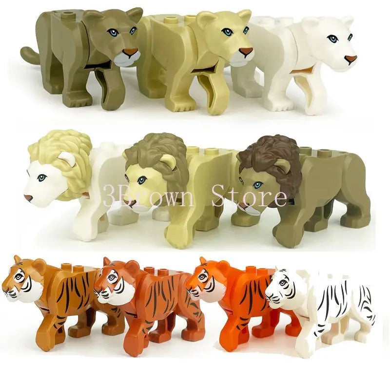 A set of six African wildlife animal building blocks featuring lions, leopards, and white animals.