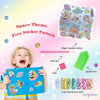 A child holds a colorful sticker pattern sheet and various crafting tools like a tool pen, clay, and a plastic box for a spac