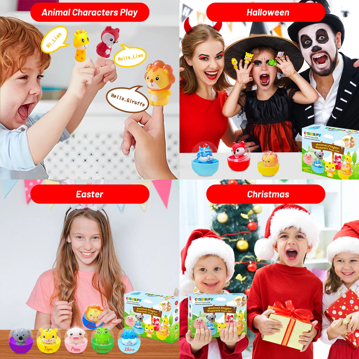 A collection of soft rubber animal finger puppets for kids in various colors and themes, including Halloween, Easter, and Chr