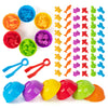 A set of colorful plastic animal toys and sorting bowls for early math and color learning.